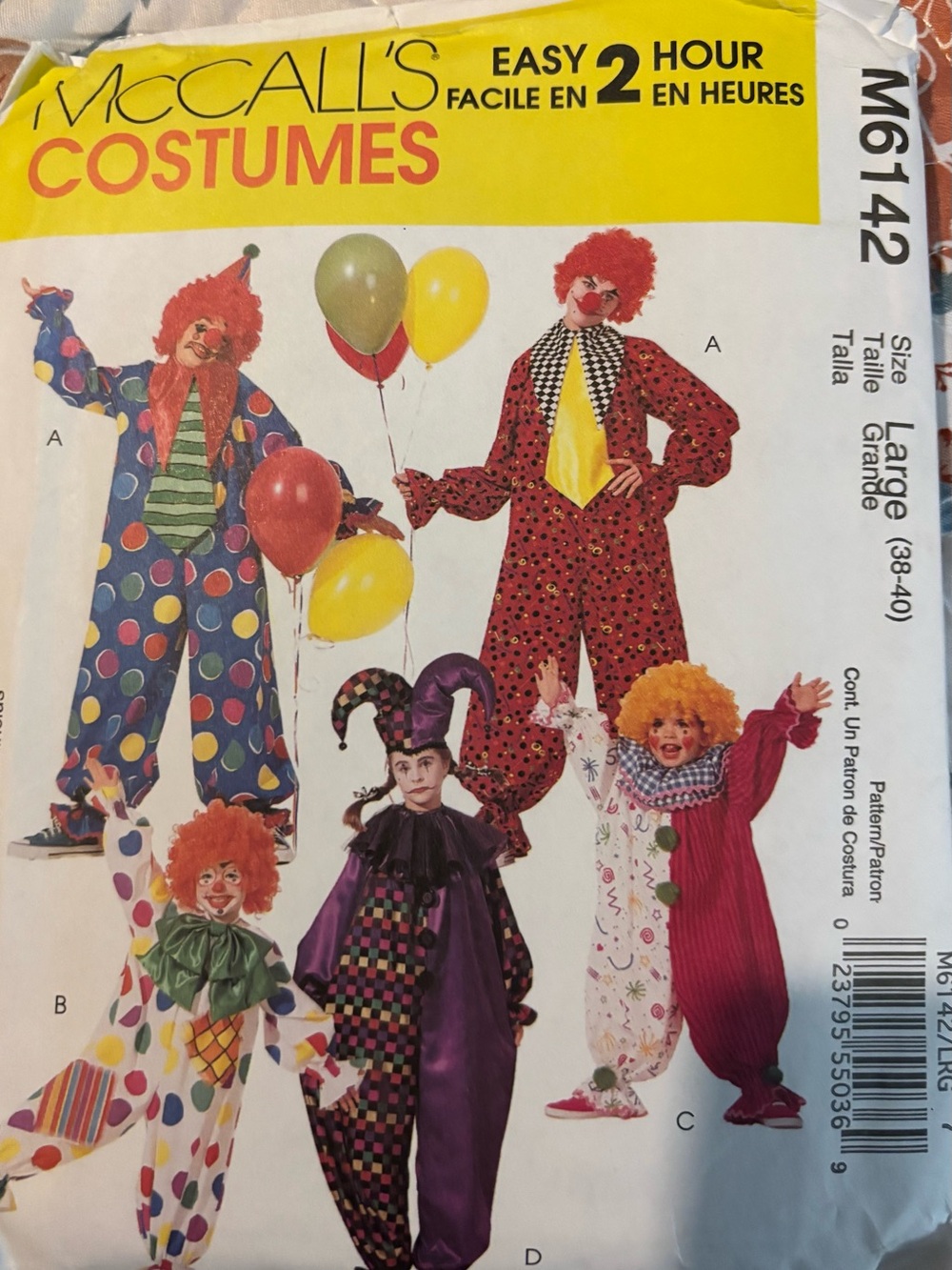 Adult Clown Costumes McCall’s M6142 Size Adult Large 38-40 New Uncut
